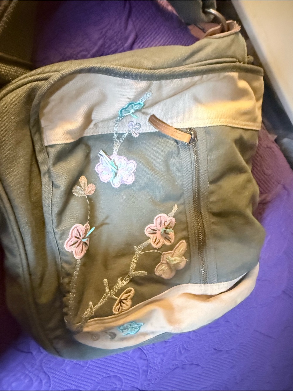 Old Navy Olive Green Canvas Crossbody Bag with Pink Floral Embroidery